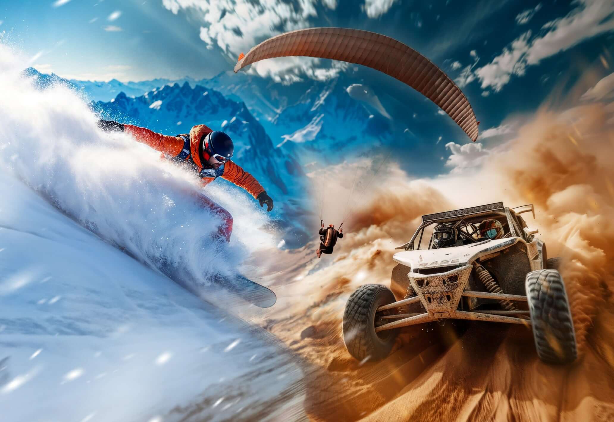 Snowboarder, dune buggy, and paraglider in extreme adventure scene