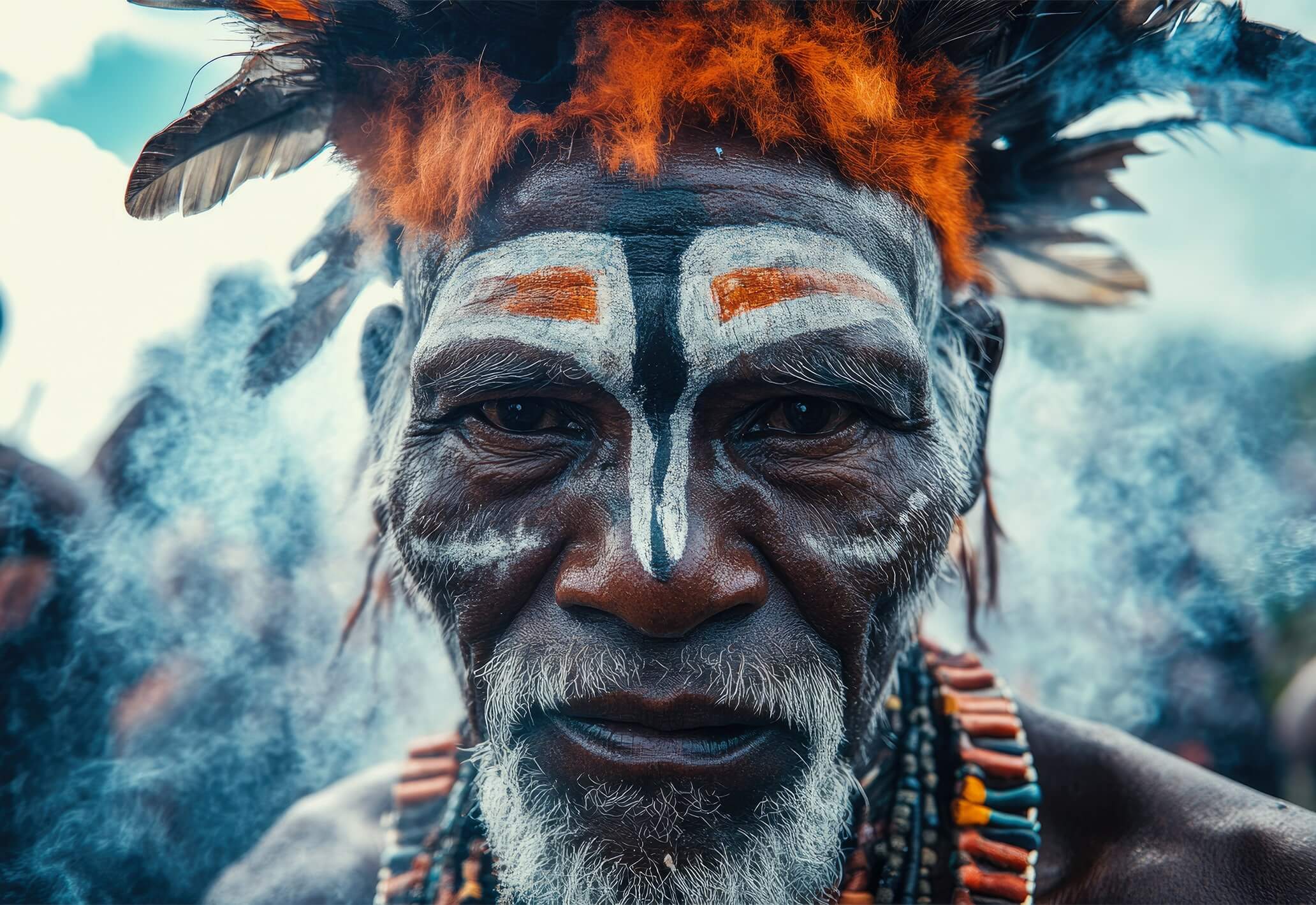 Elder with tribal face paint and feathers during a cultural ceremony